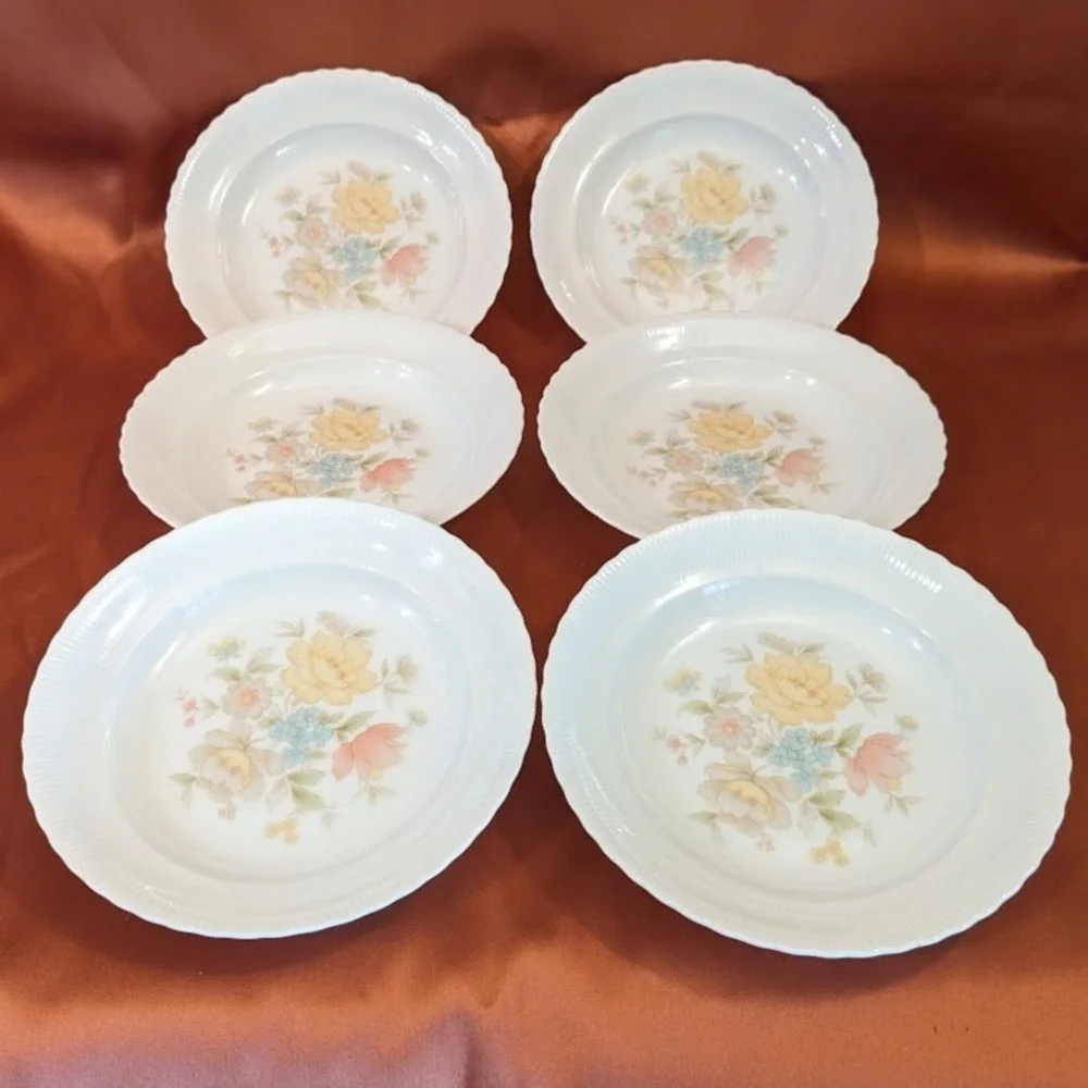 Vintage Ichiyama Toen Japan Floral‎ Porcelain Soup Bowls Set of 6 Ribbed Edge